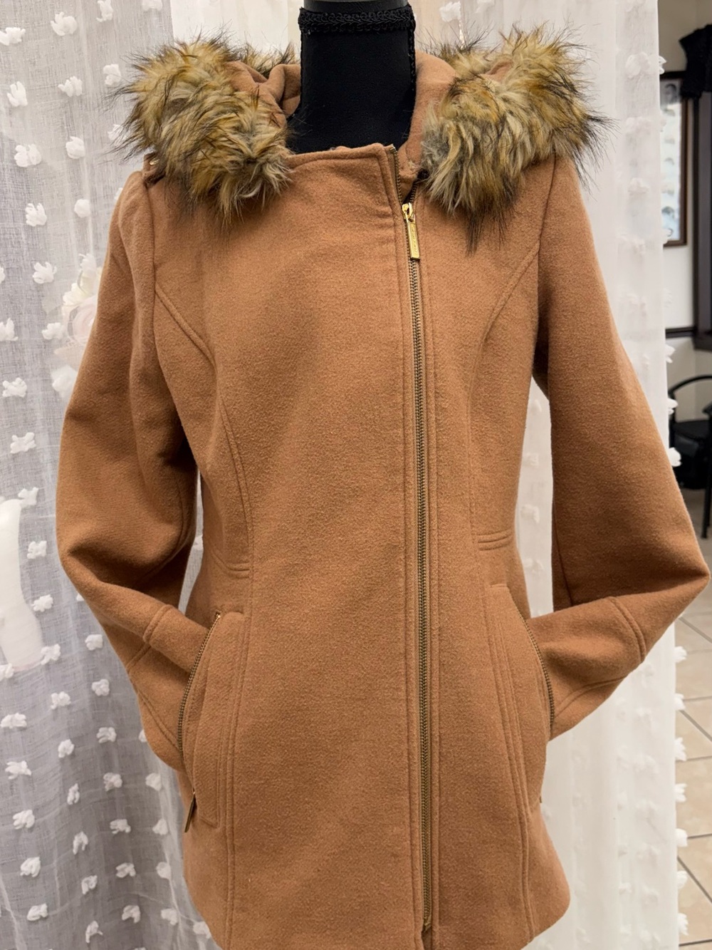 Women's Camel Michael Kors Coat with Faux Fur Trim